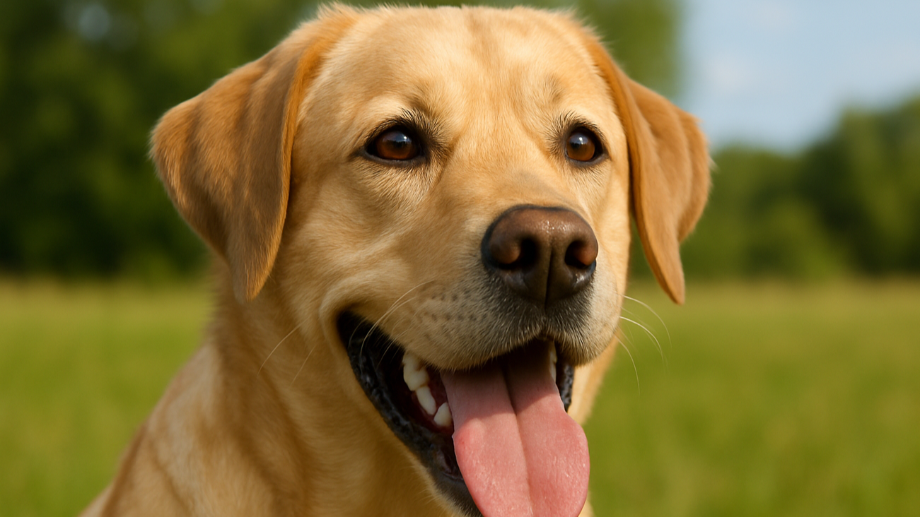 Happy yellow labrador retriever in a grassy field